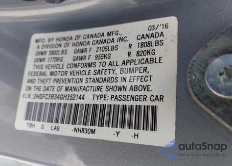 2016 Honda Civic Ex-T from USA, damaged, VIN 2HGFC3B34GH352144